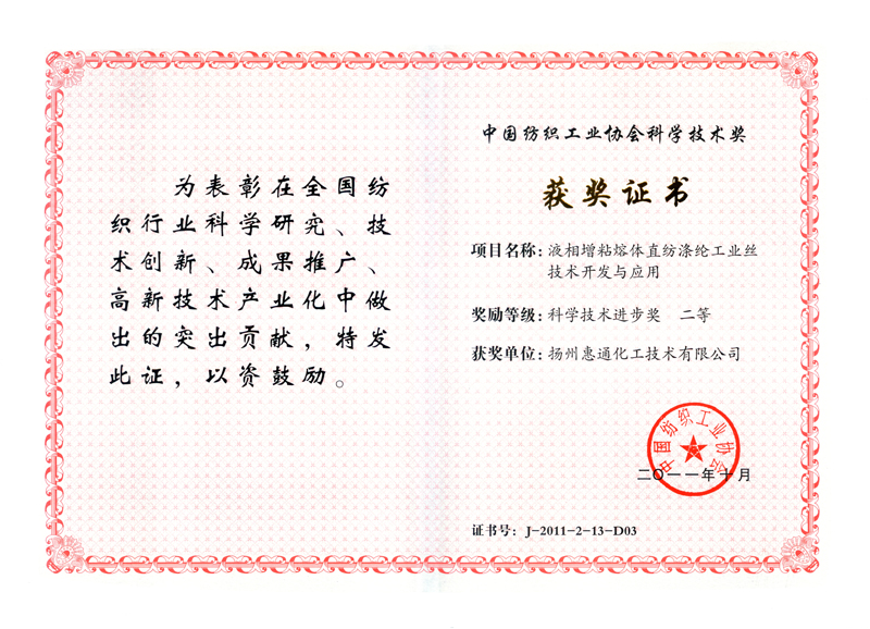 China Textile Association Award Certificate